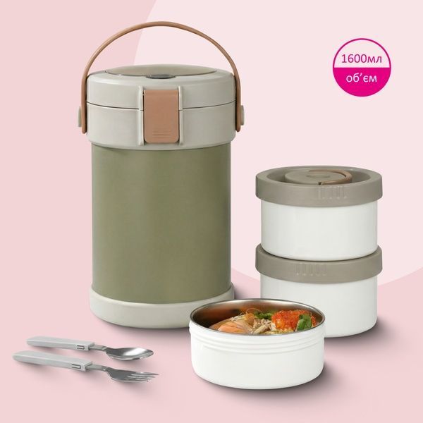 купить Термос для еды 1600 мл, два яруса, с ложкой и вилкой, из нержавеющей стали