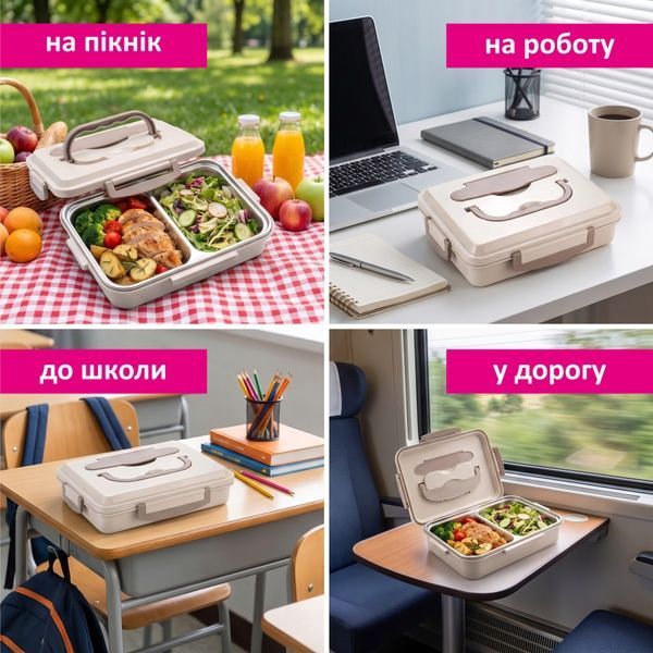 купити Ланч-бокс із металевим шаром на 2 відділення для їжі, зі столовими приладами (2 кольори)