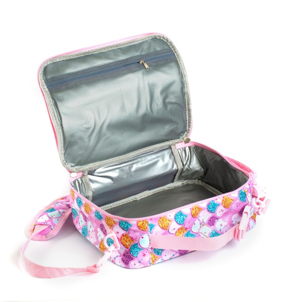 Ланч-сумка холодильник дитяча різнокольорова з кишенею під пляшку та додатковими ручками; забарвлення Рожевий 700041 фото